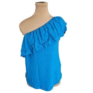 Ralph Lauren Vibrant Blue Asymmetrical Ruffled One Sleeve Blouse Sz M